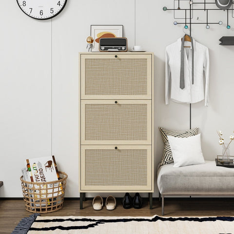 Holaki Rattan 3 Door shoe cabinet, Shoe Storage Cabinet for Entryway