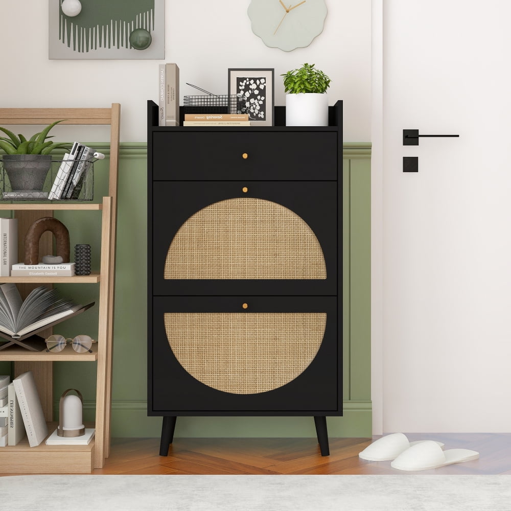Holaki Rattan Shoe Rack, 2 Door 1 Drawer Cabinet,Double Layer, Suitable for Entrance
