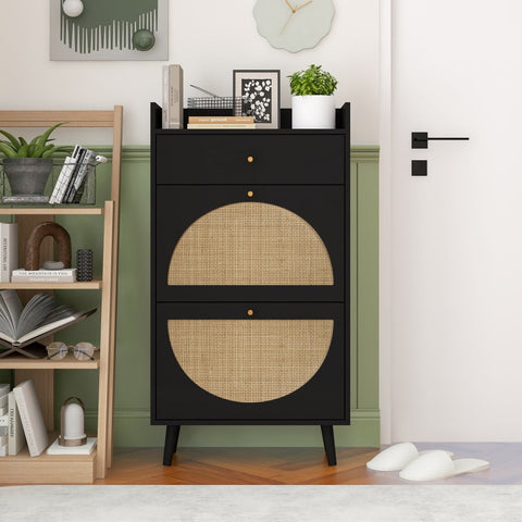 Holaki Rattan Shoe Rack, 2 Door 1 Drawer Cabinet,Double Layer, Suitable for Entrance