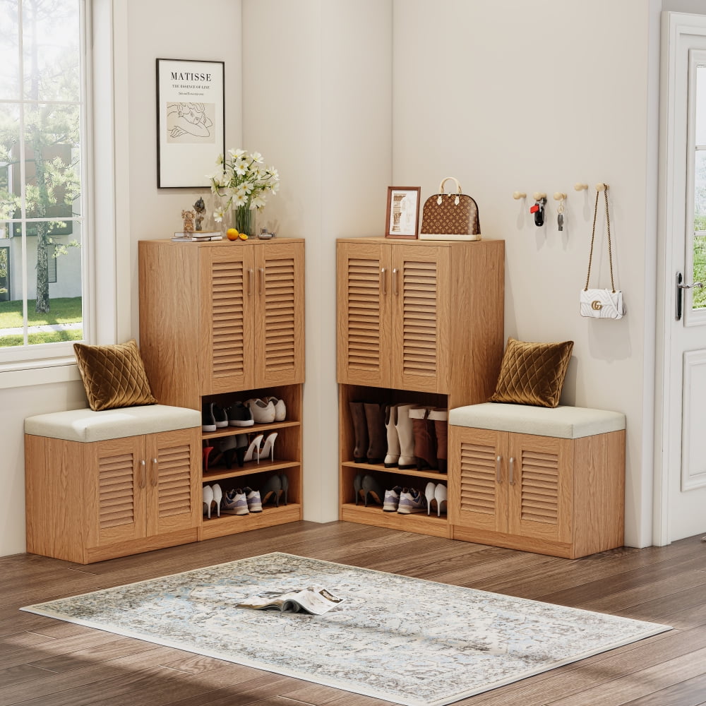 Holaki Shoe Cabinet with Storage Bench Set for Entryway,7-Tier Shoe Storage Cabinet and 3-Tier Cushioned Shoe Bench with Louvered Door,Freestanding Shoe Rack Organizer for Hallway White/Oak