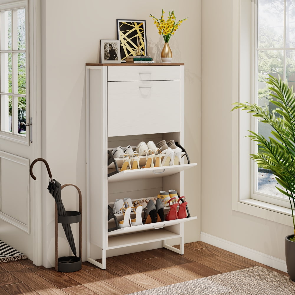 Holaki Shoe Cabinet with 3 Flip Drawers,metal handle Shoe Storage Cabinet for Entryway Living Room Behind The Door, Brown/White