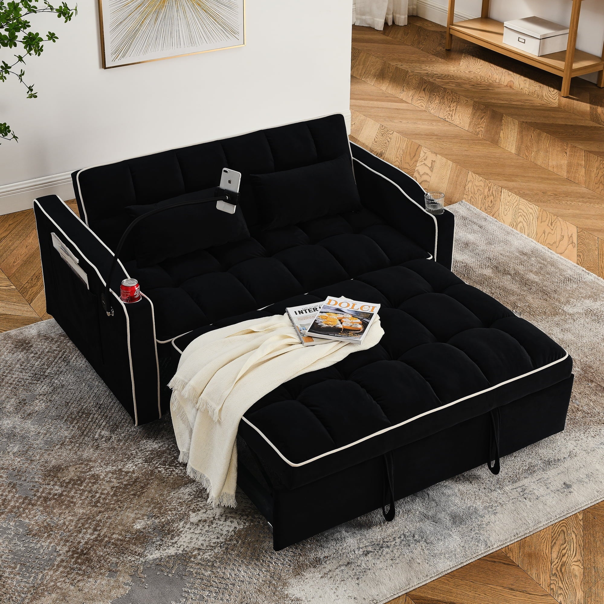 Holaki Sofa Bed,3 in 1 Sleeper Sofa Couch Bed,Velvet Convertible Loveseat Futon Sofa w/Pullout Bed, Adjustable Backrest and with USB Port and Ashtray and Swivel Phone Stand,55.51" Sofa Bed