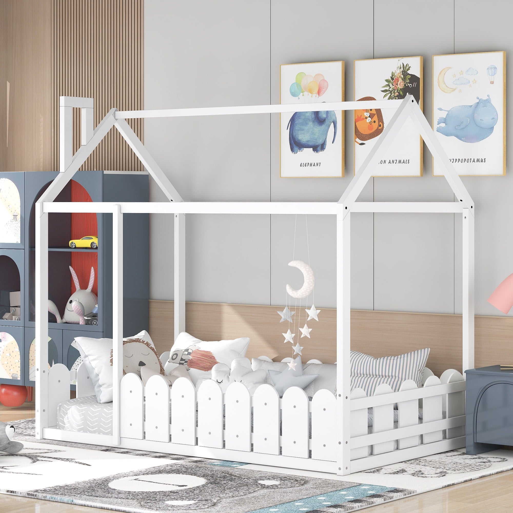 Holaki Twin Size House Bed for Kids with Roof and Fence, White
