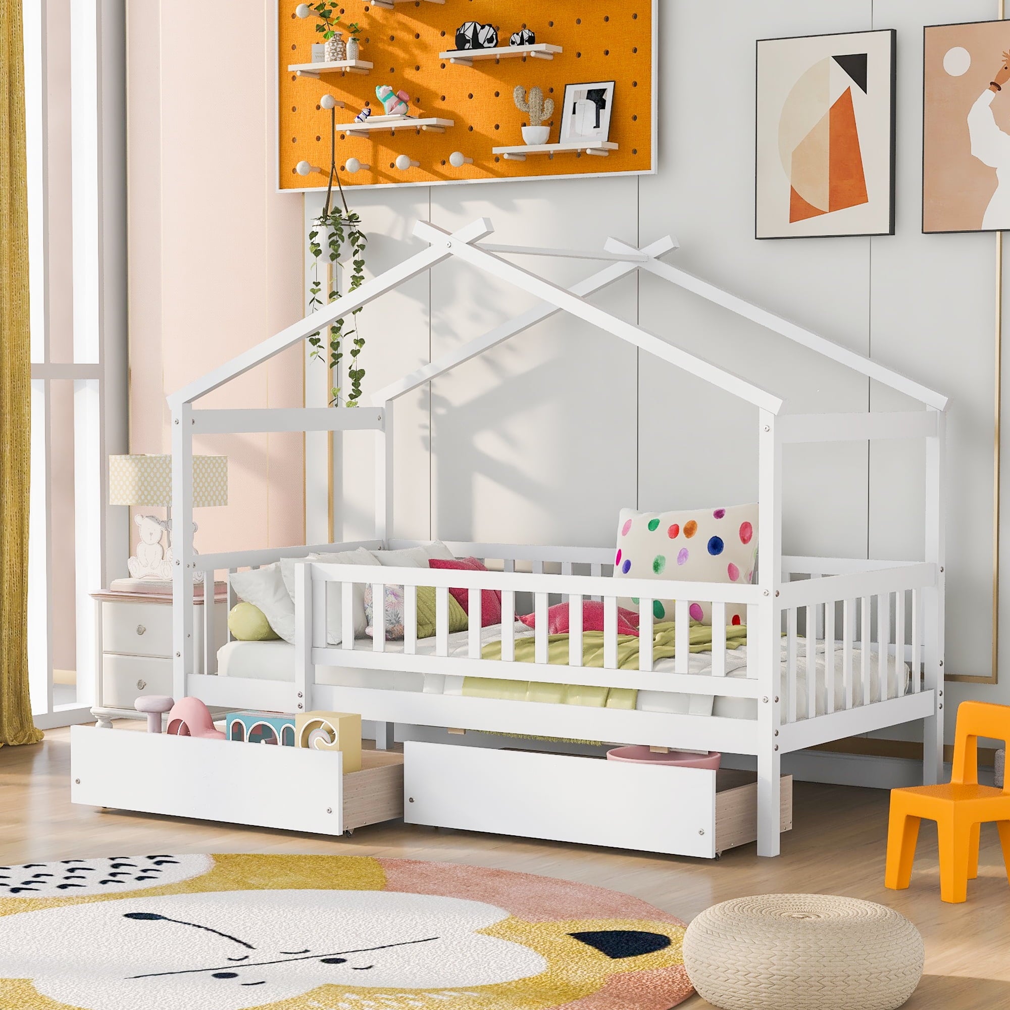 Holaki Twin Size House Bed with Storage Drawers for Kids, White