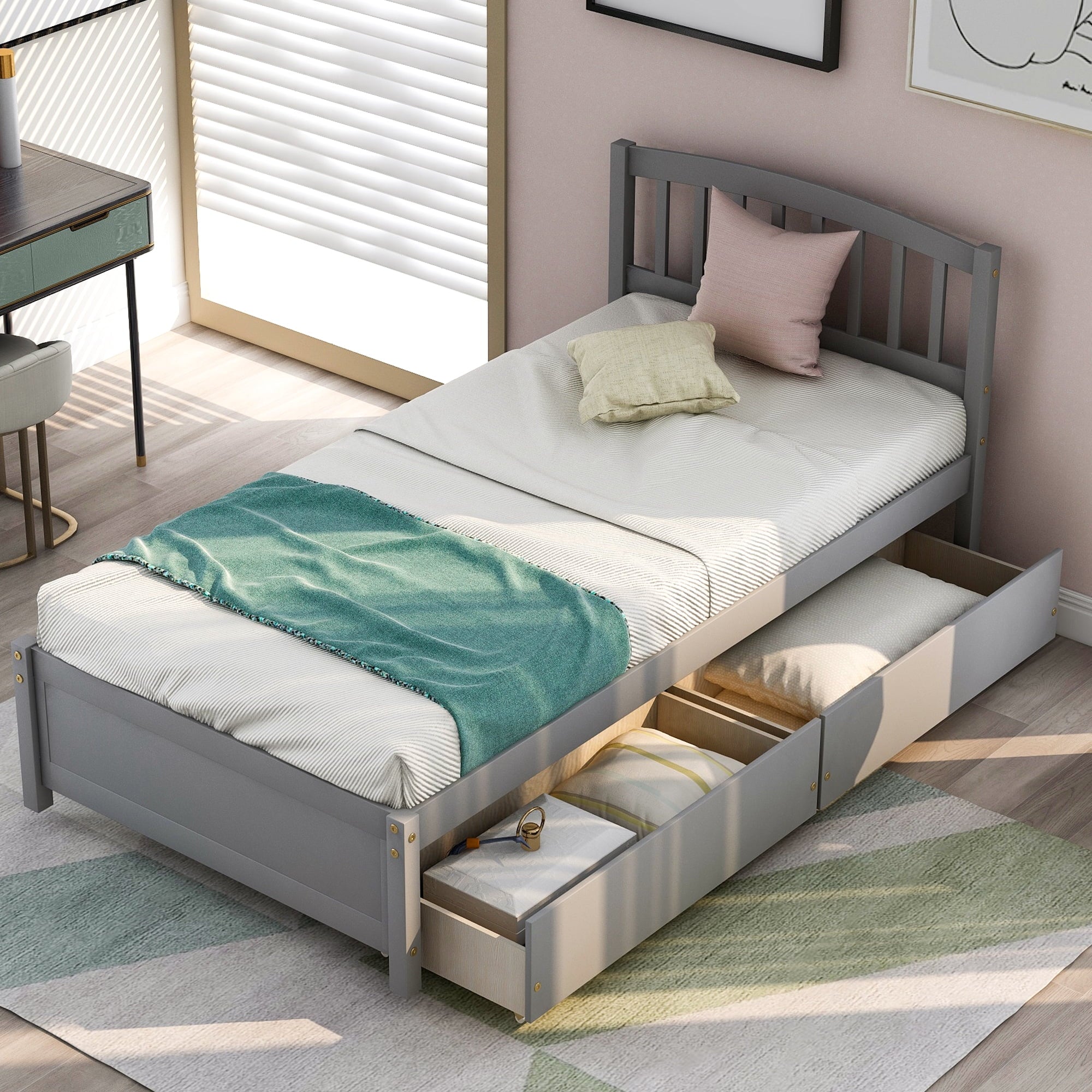Holaki Twin Size Wood Bed with 2 Storage Drawers for Kids, Gray