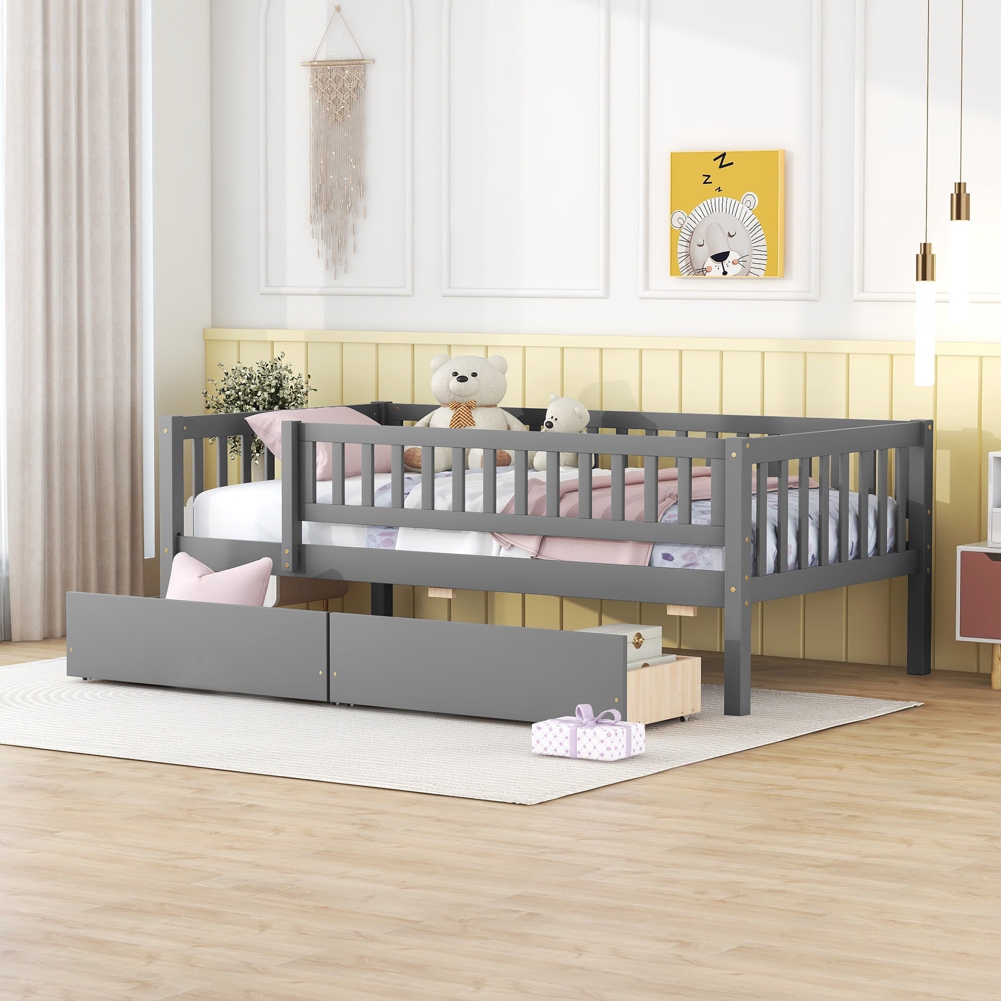 Holaki Twin Size Wood Bed with Guardrails and 2 Storage Drawers for Kids, Gray