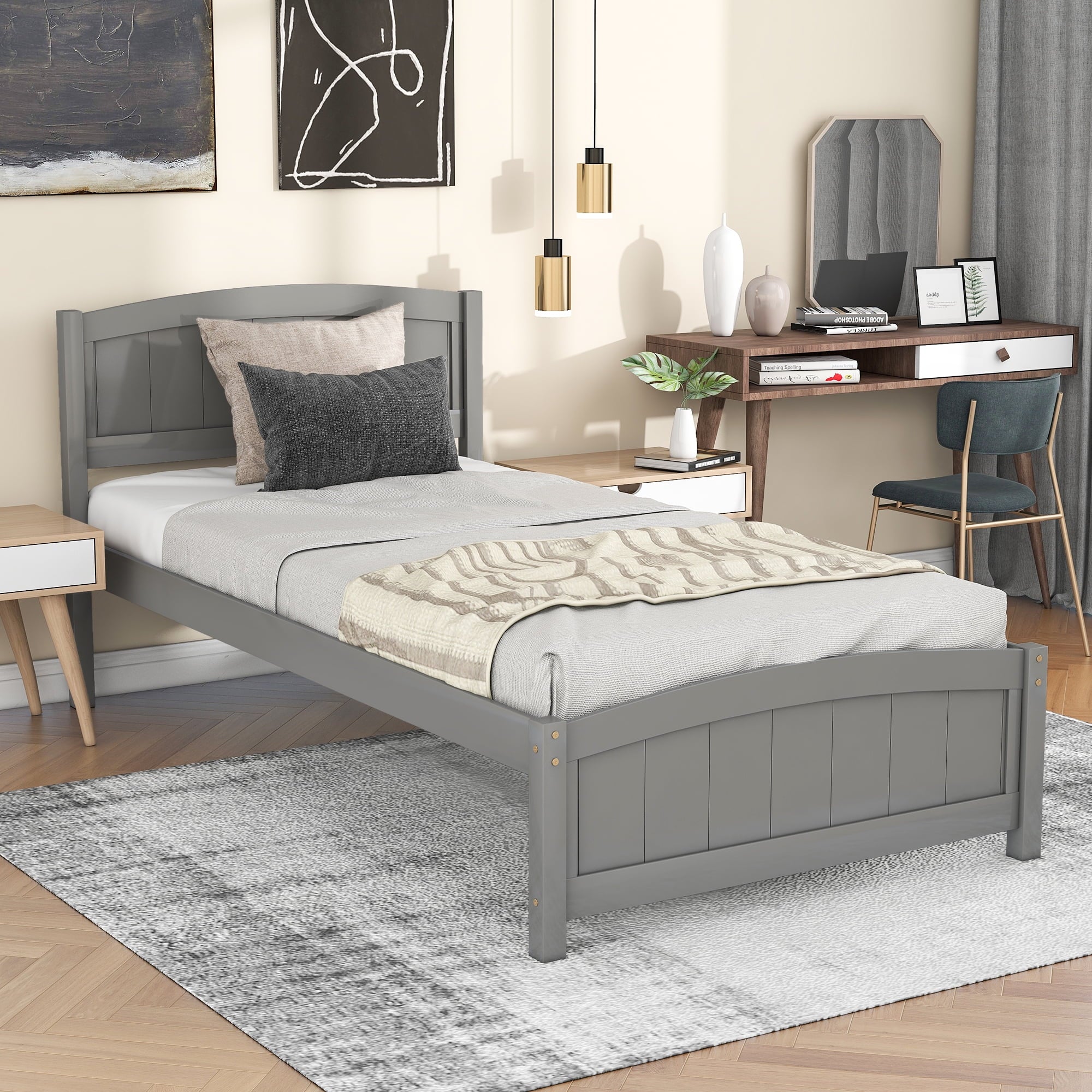 Holaki Twin Size Wood Bed with Headboard and Footboard for Kids, Grey