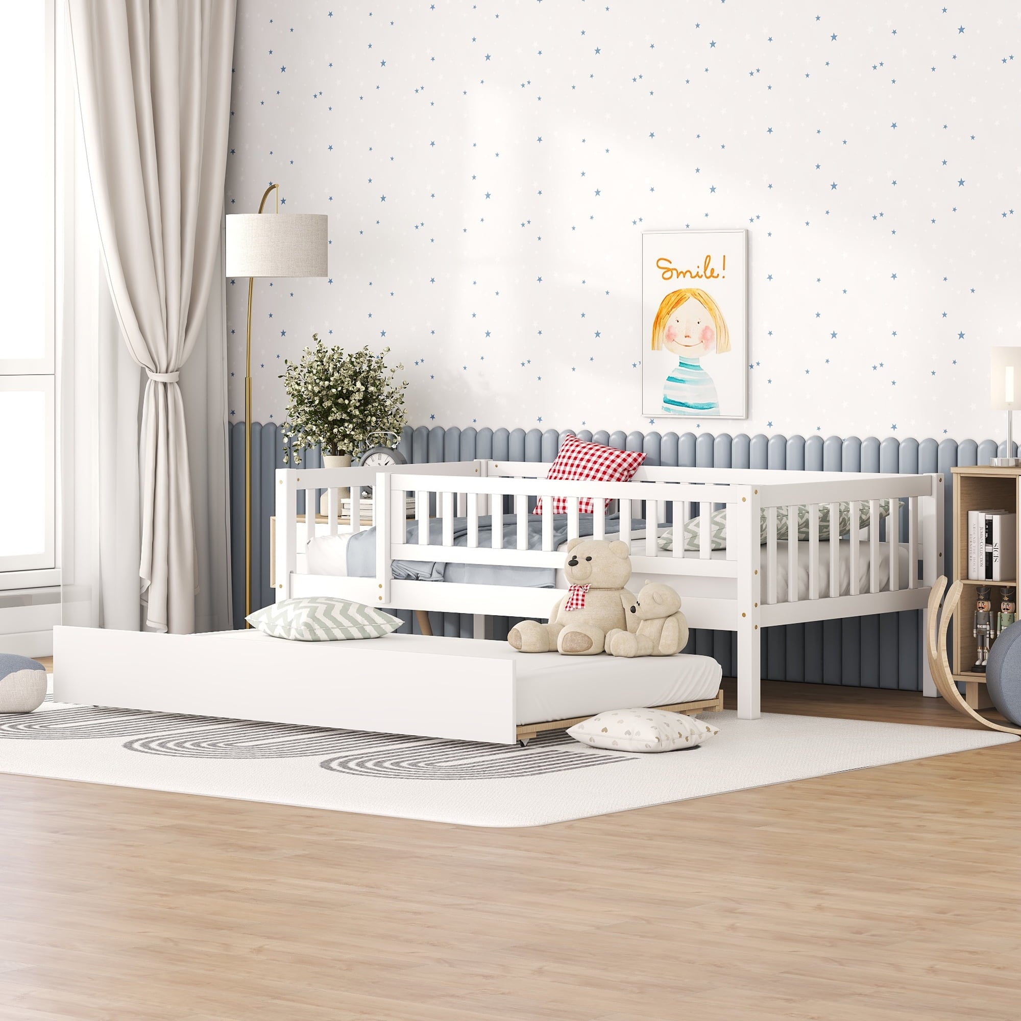 Holaki Twin Size Wood Bed with Trundle and Guardrails for Kids, White