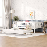 Holaki Twin Size Wood Bed with Trundle and Guardrails for Kids, White
