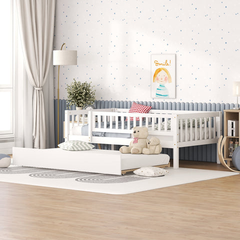 Holaki Twin Size Wood Bed with Trundle and Guardrails for Kids, White