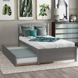 Holaki Twin Size Wood Bed with Trundle and Slatted Headboard for Kids, Gray