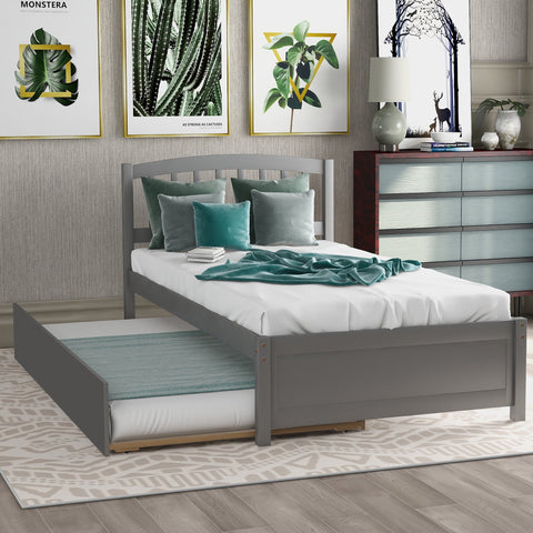 Holaki Twin Size Wood Bed with Trundle and Slatted Headboard for Kids, Gray