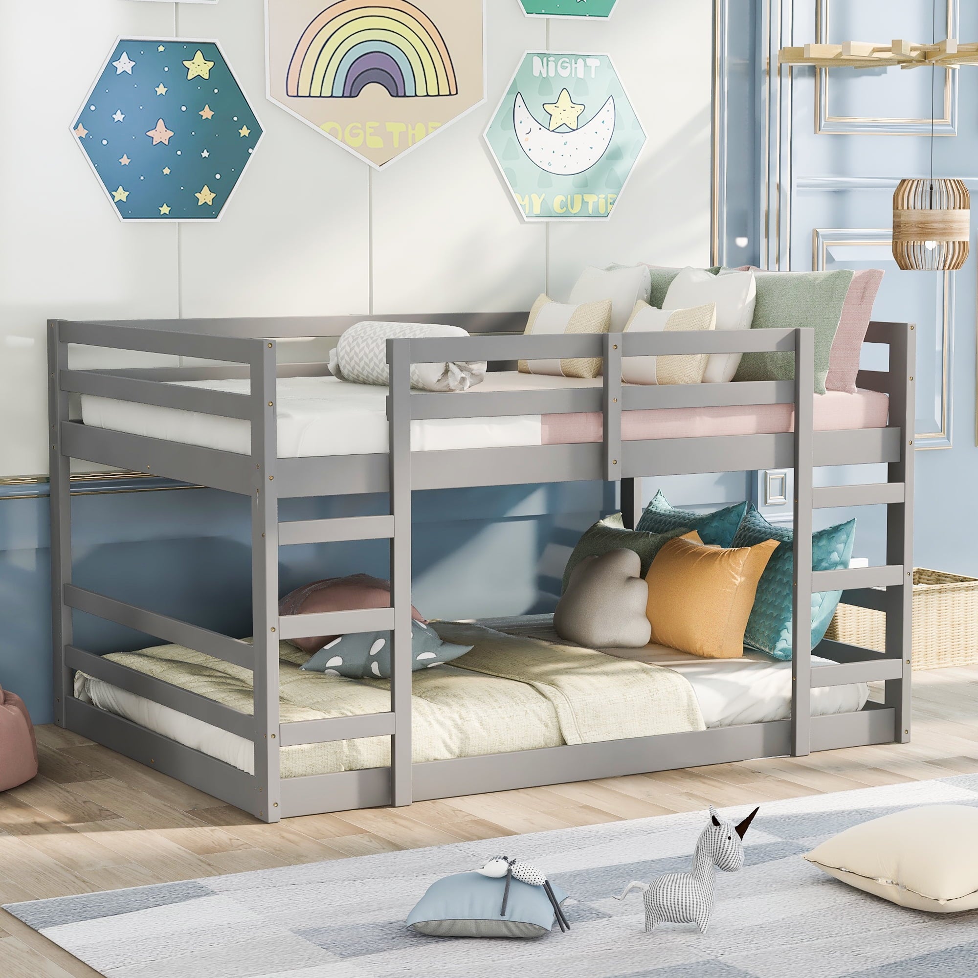 Holaki Twin Size Wood Bunk Bed with Safety Guardrails for Kids, Grey