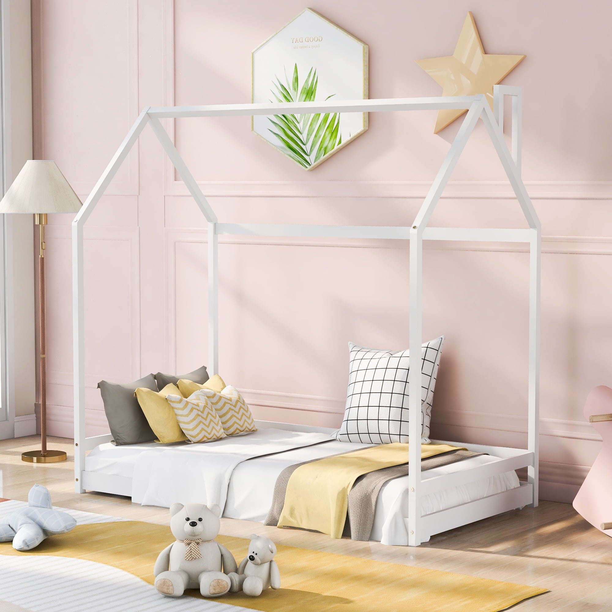 Holaki Twin Size Wood House Bed for Kids, White