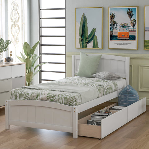 Holaki Wood Twin Size Bed with 2 Storage Drawers for Kids, White