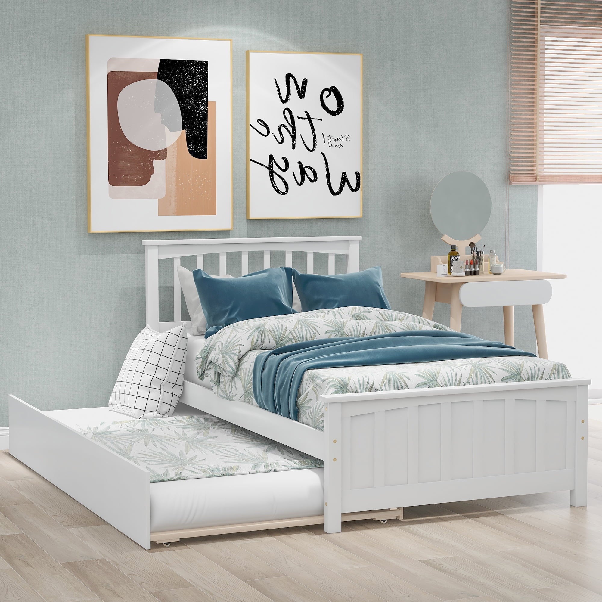 Holaki Wood Twin Size Bed with Trundle for Kids, White