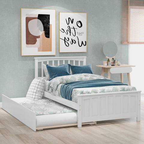 Holaki Wood Twin Size Bed with Trundle for Kids, White