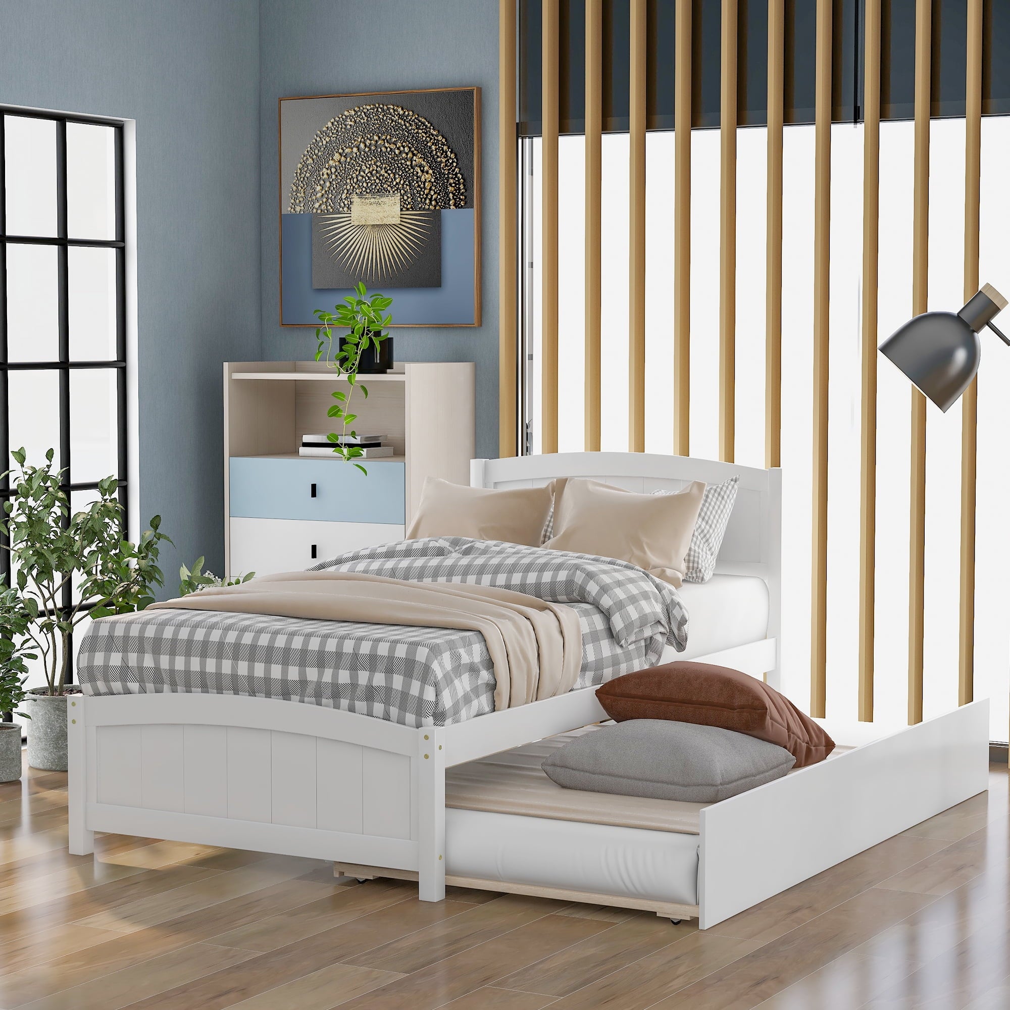 Holaki Wood Twin Size Bed with Trundle for Kids , White