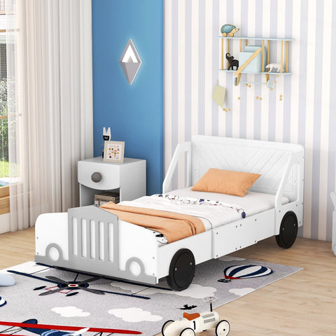 Holaki Wood Twin Size Bed with Wheels for Kids, Car-Shaped Design, White