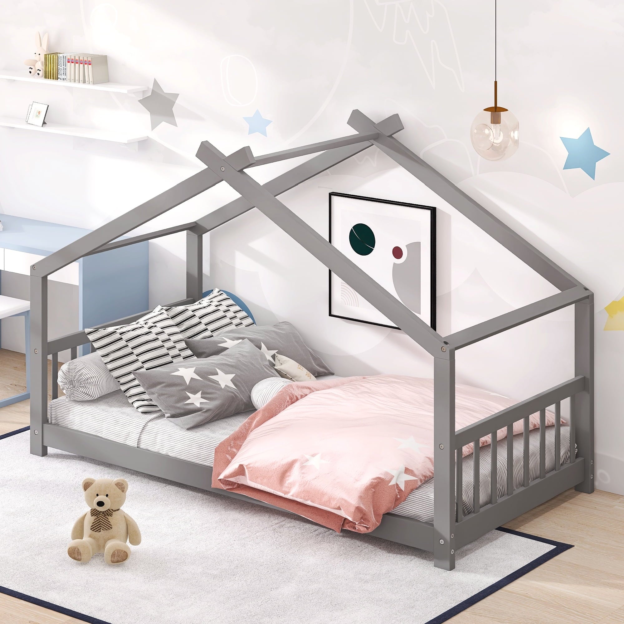 Holaki Wood Twin Size Floor Bed with Roof for Kids, Gray
