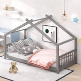Holaki Wood Twin Size Floor Bed with Roof for Kids, Gray