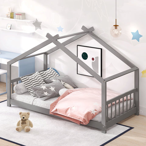 Holaki Wood Twin Size Floor Bed with Roof for Kids, Gray