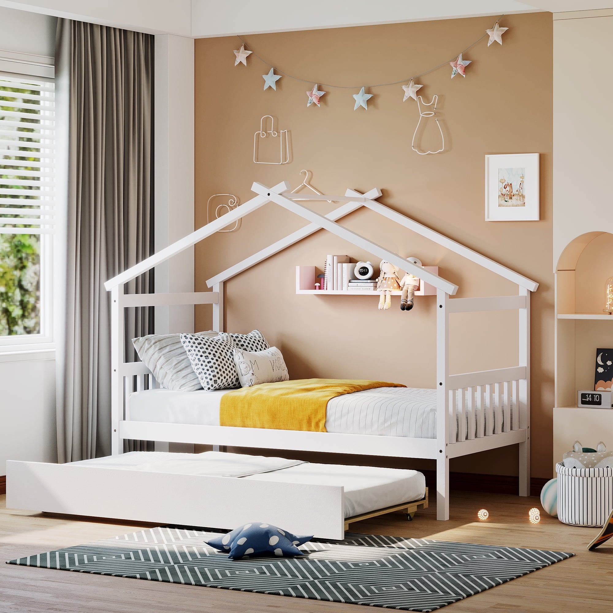 Holaki Wood Twin Size House Bed with Pull-Out Trundle for Kids, White