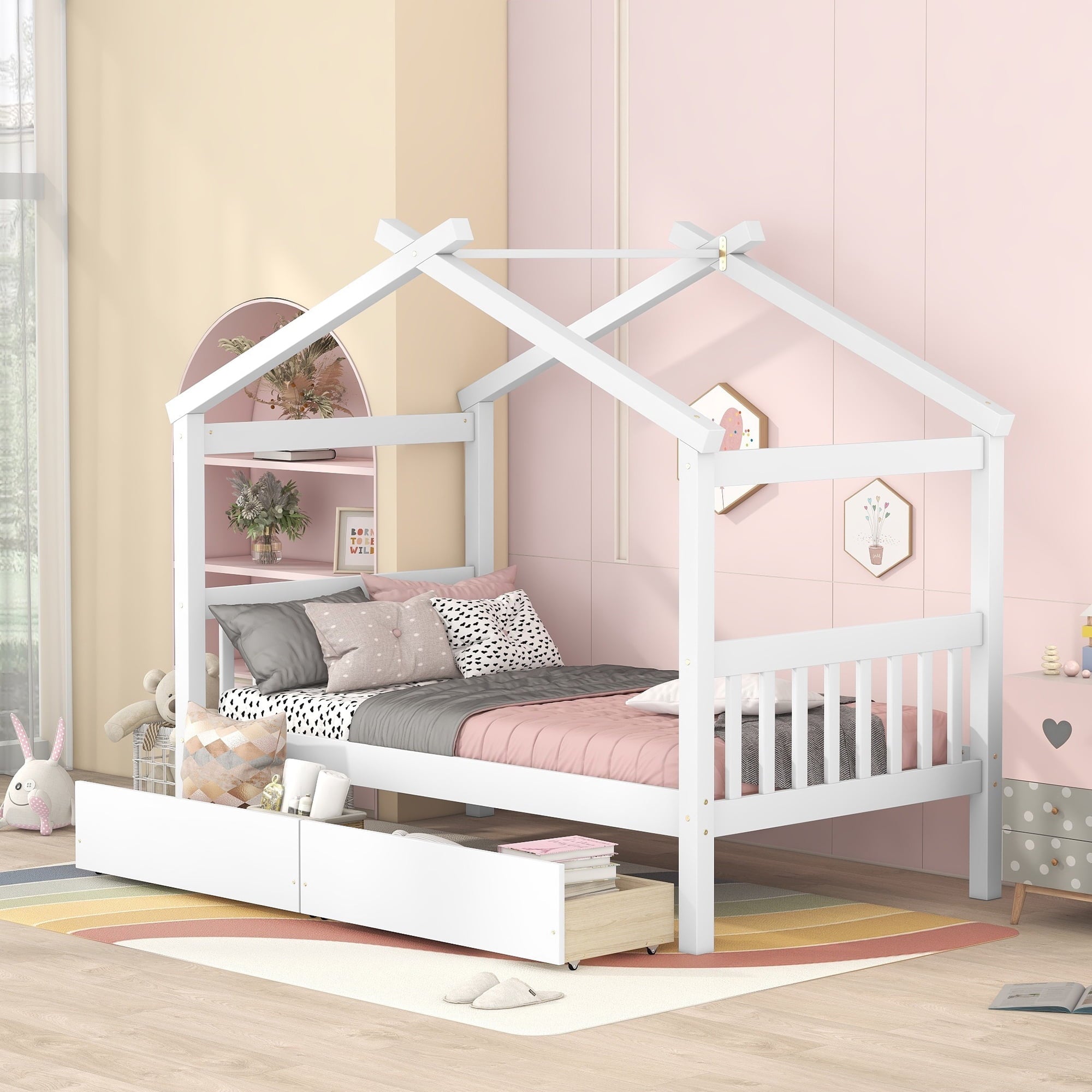 Holaki Wood Twin Size House Bed with Storage Drawers for Kids, White