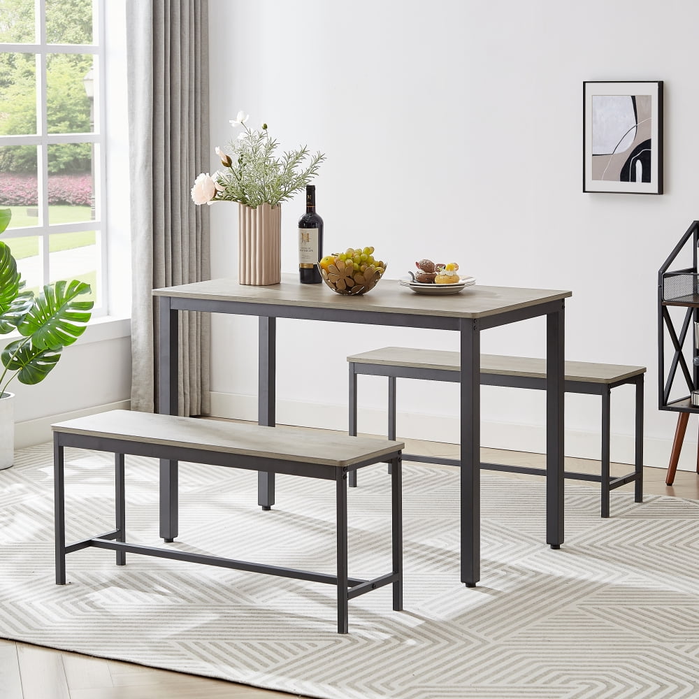 Holaki dining table set for 4, kitchen table with benchwith 2 Dining Benches, Farmhouse Wooden Industrial Style 43.3″L x23.6″W x 29.9″H