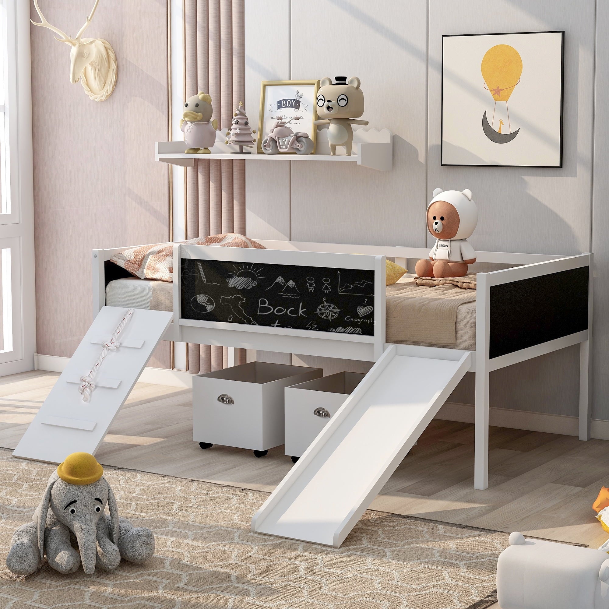 Miniyam Wood Twin Size Loft Bed with Slide, Two Storage Boxes for Kids, White
