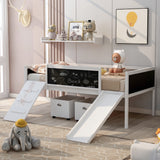 Miniyam Wood Twin Size Loft Bed with Slide, Two Storage Boxes for Kids, White
