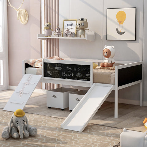 Miniyam Wood Twin Size Loft Bed with Slide, Two Storage Boxes for Kids, White
