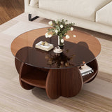 Round Coffee Table, Holaki 31.5" Round Glass and Wood Coffee Table with Storage, Modern Wooden Center Table with 8mm Tempered Glass for Home, Living Room, Office, Walnut