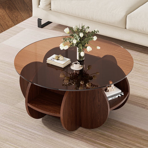 Round Coffee Table, Holaki 31.5" Round Glass and Wood Coffee Table with Storage, Modern Wooden Center Table with 8mm Tempered Glass for Home, Living Room, Office, Walnut