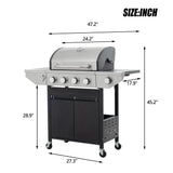 Holaki 4 Burner Barbecue Grill, 46,500 BTU, Propane Grill, Stainless Steel Gas Grill with Side Burner and Cover, for Outdoor BBQ, Camping, Not Includes Grill Cover