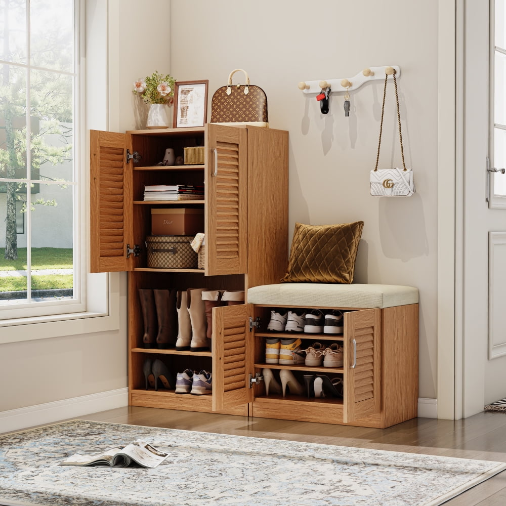 Holaki Shoe Cabinet with Storage Bench Set for Entryway,7-Tier Shoe Storage Cabinet and 3-Tier Cushioned Shoe Bench with Louvered Door,Freestanding Shoe Rack Organizer for Hallway White/Oak