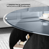 Holaki 31.5" Round Coffee Table with 8mm Tempered Glass & 4 Storage Shelves, Modern Wooden Center Table for Living Room, Office, Small Spaces, Black