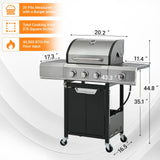 Holaki 3 Burner Barbecue Grill, 40,500 BTU, Propane Grill, Stainless Steel Gas Grill with Side Burner and Cover, for Outdoor BBQ, Camping, Includes Grill Cover