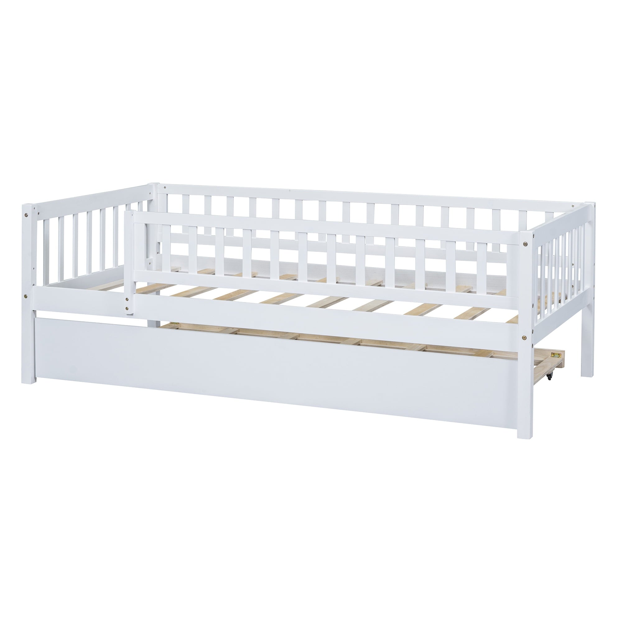 Holaki Twin Size Wood Bed with Trundle and Guardrails for Kids, White