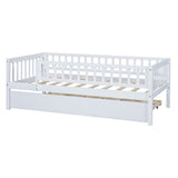 Holaki Twin Size Wood Bed with Trundle and Guardrails for Kids, White