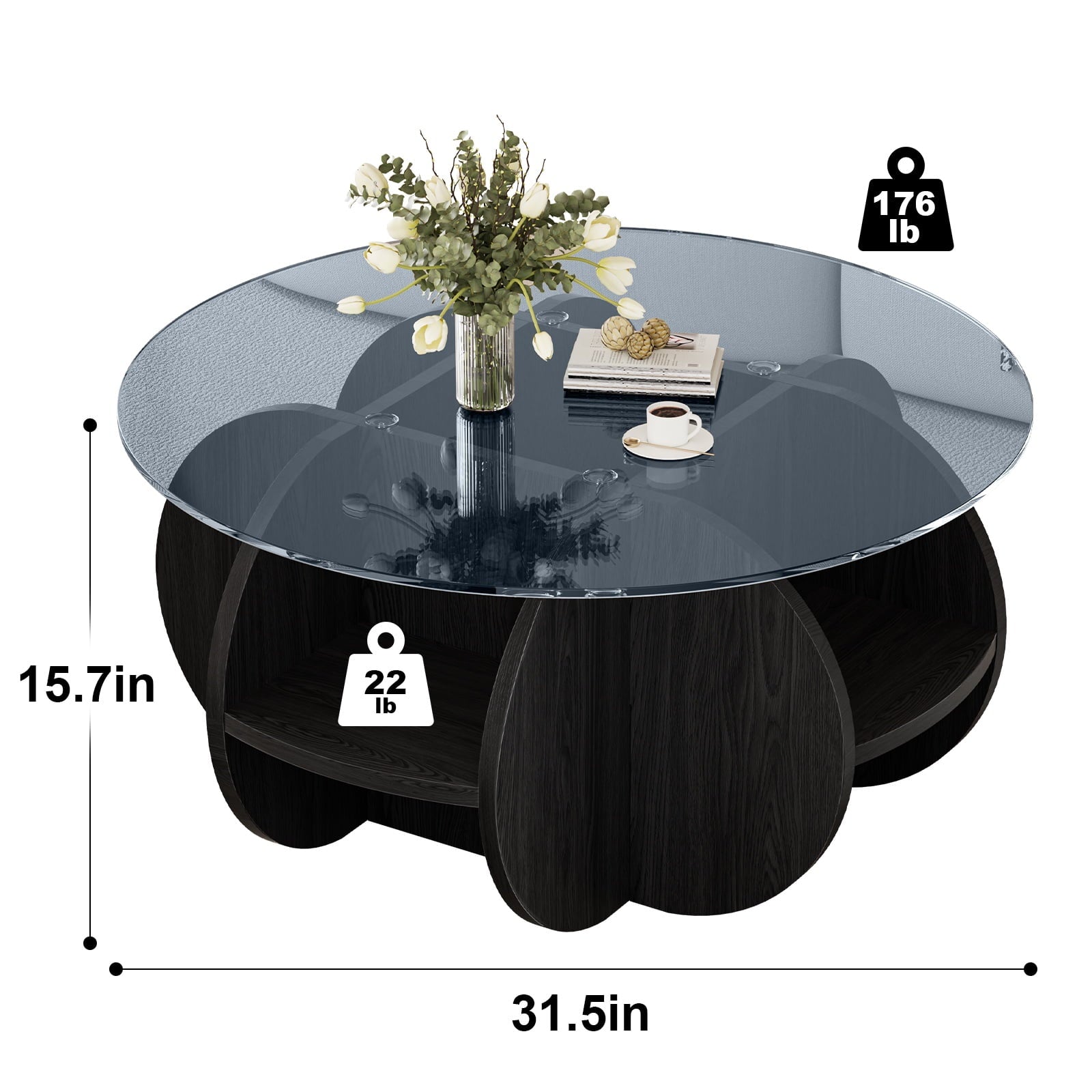 Holaki 31.5" Round Coffee Table with 8mm Tempered Glass & 4 Storage Shelves, Modern Wooden Center Table for Living Room, Office, Small Spaces, Black