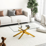 Glass Coffee Table with Tempered Glass, Holaki 39.37" Rectangular Sofa Side Table with Metal Cross Legs, Modern Center Coffee Table for Living Room Office, Gold