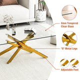Glass Coffee Table with Tempered Glass, Holaki 39.37" Rectangular Sofa Side Table with Metal Cross Legs, Modern Center Coffee Table for Living Room Office, Gold
