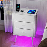 Holaki 2 Pack Night Stand,End Table with Charging Station,LED Bedside Table with Fabric Drawer for Bedroom,3-Tier Side Table with Open Shelf,White/Black