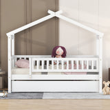 Holaki Twin Size Wood House Bed with Trundle and Guardrails for Kids, White