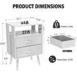Holaki 2 Pack Night Stand,End Table with Charging Station,LED Bedside Table with Fabric Drawer for Bedroom,3-Tier Side Table with Open Shelf,White/Black